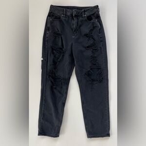 American Eagle Women's Black Faded Distressed Destroyed High Rise Mom Jeans Sz 4